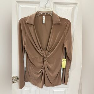 Elegant Brown Long Sleeve Twist Front Top